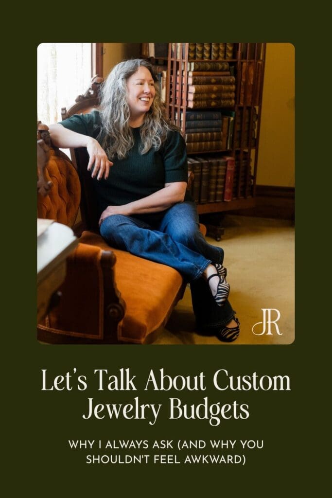 Custom jewelry designer Jacqueline Renee sitting on a vintage couch.
